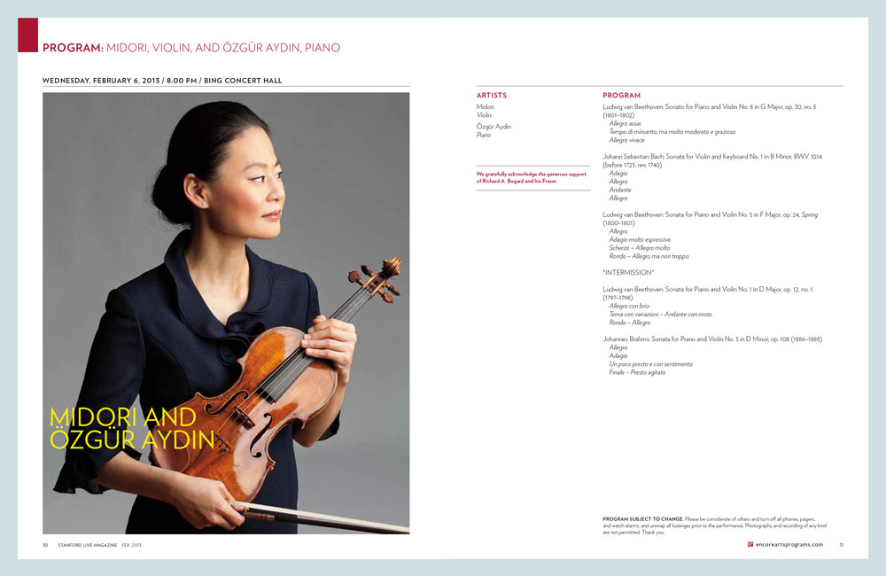 Midori performance page in a Stanford Live Magazine